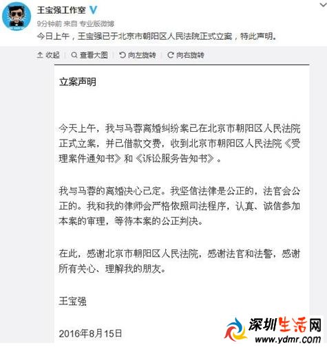 王宝强正式起诉与马蓉离婚 朝阳法院已立案