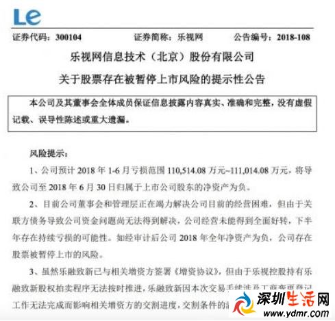 乐视网2018年上半年亏损逾11亿元 股票存被暂停上市风险